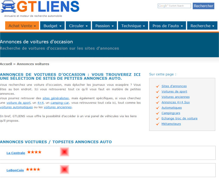 Ecran GTLIENS Publicité mise en avant de sites automobiles