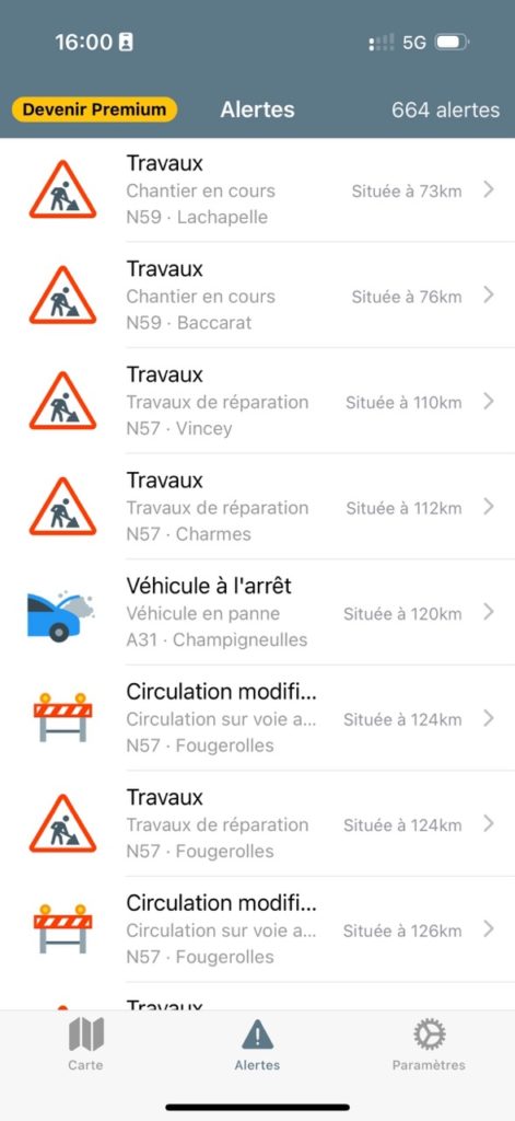 Exemples d'alertes routières sur l'application mon-Trafic.com