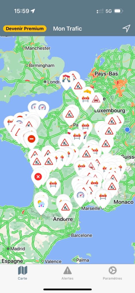 La carte de France de l'application info trafic Mon-Trafic.com sur iPhone